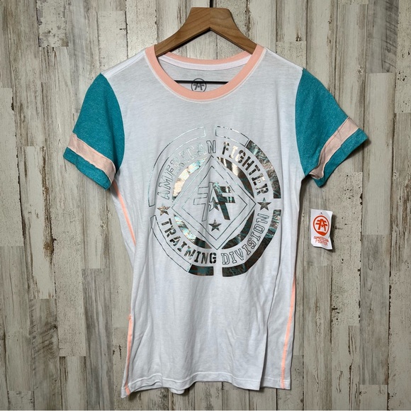 American Fighter Tops - American Fighter White Blue Short Sleeve Tee Jersey Style Womens Small
